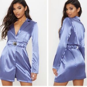 Powder okie satin, collard mini dress